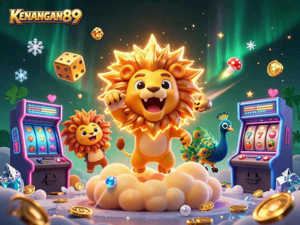 Engage with KENANGAN889's vibrant casino scene featuring a lion, cosmic dice, and retro gaming elements.