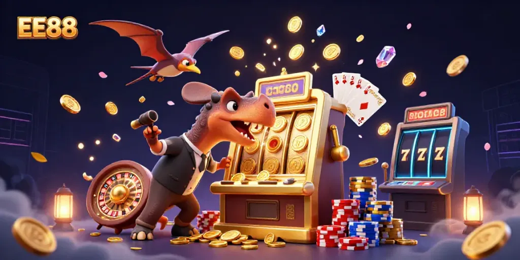 EE88 casino illustration showing a dinosaur headbutting a slot machine for a jackpot, surrounded by coins and excitement.