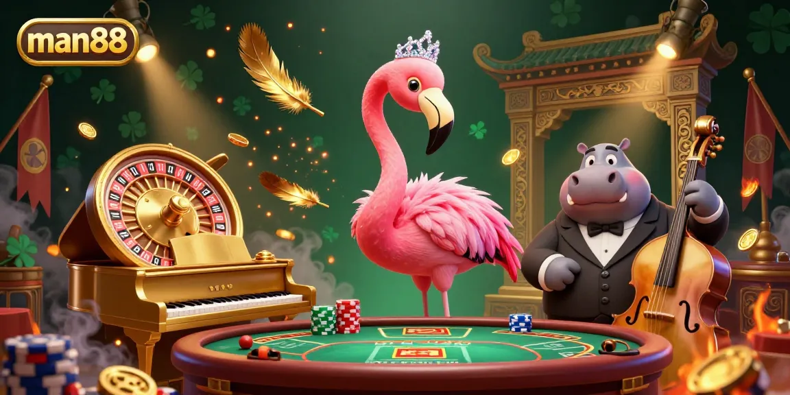 Experience man88 magic with a vibrant casino scene showcasing a flamingo singer and hippo bassist.