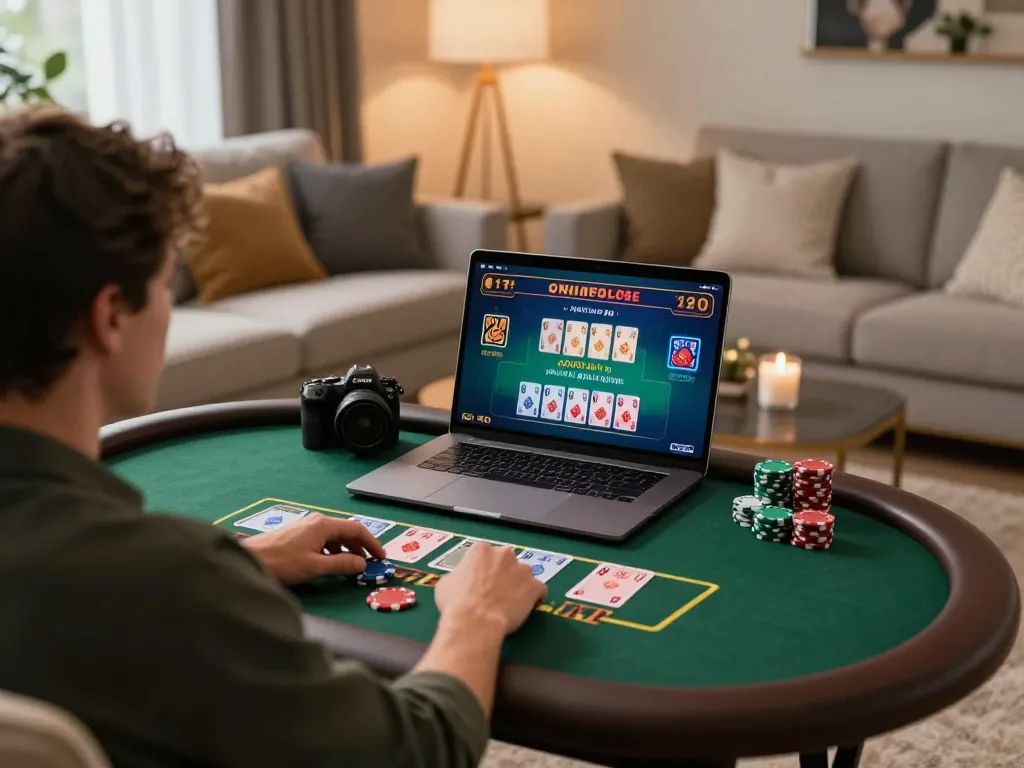 Player engaging in a live dealer blackjack game on a laptop at home, showcasing a modern online gambling setup with XX88.