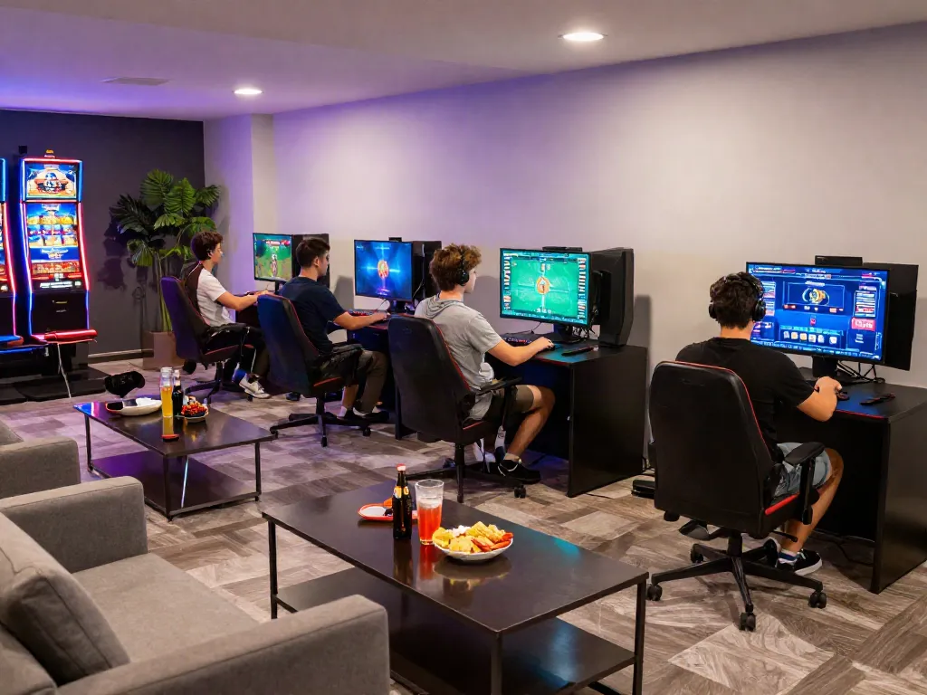 Exciting gaming lounge scene with friends enjoying H19 online games like poker and slots, vibrant atmosphere.
