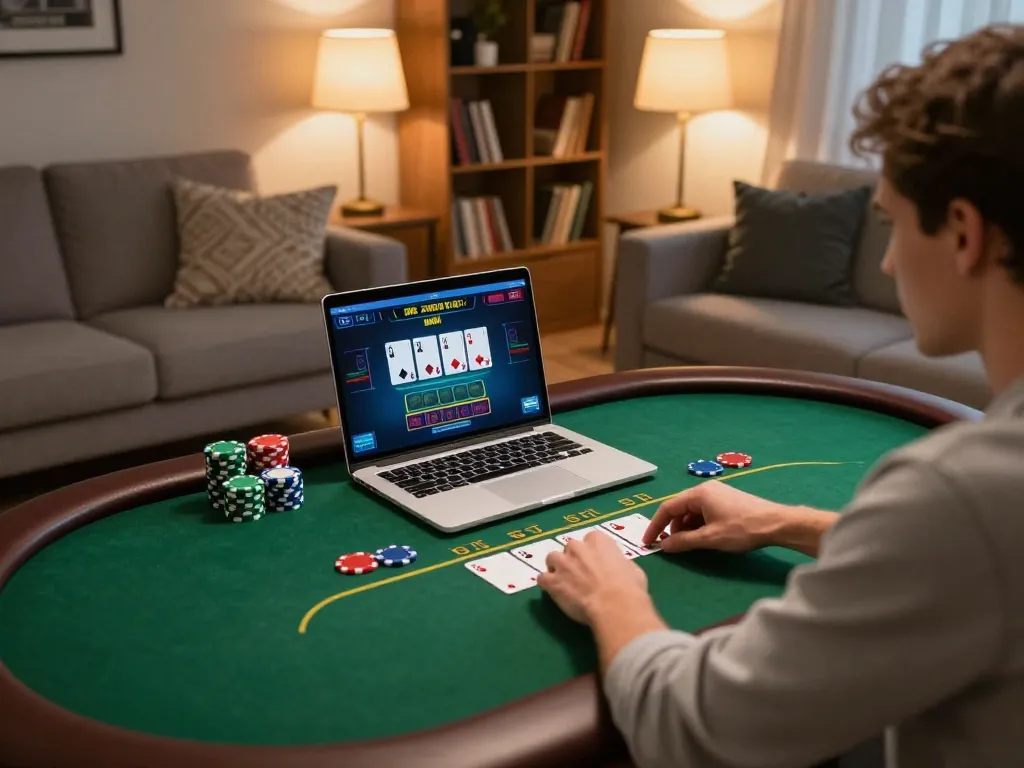 Person enjoying mm88 poker game on laptop with chips and betting interface in cozy home setting.