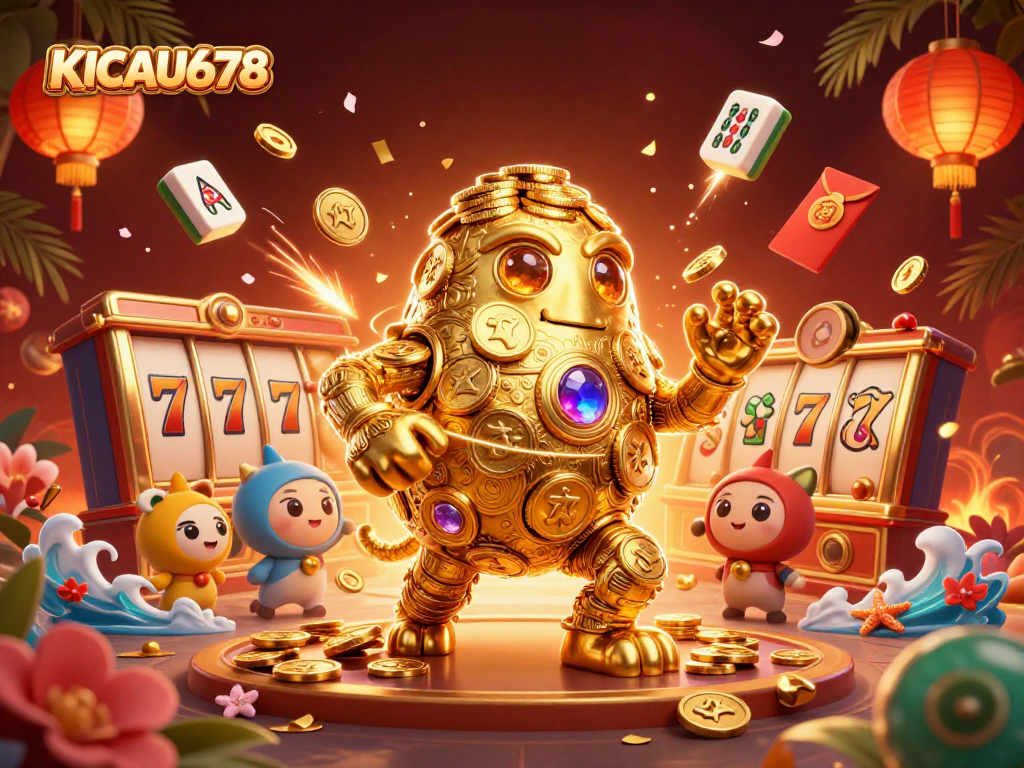 KICAU678 captivates players with a vibrant 3D casino scene full of slot machines and fortune reels.