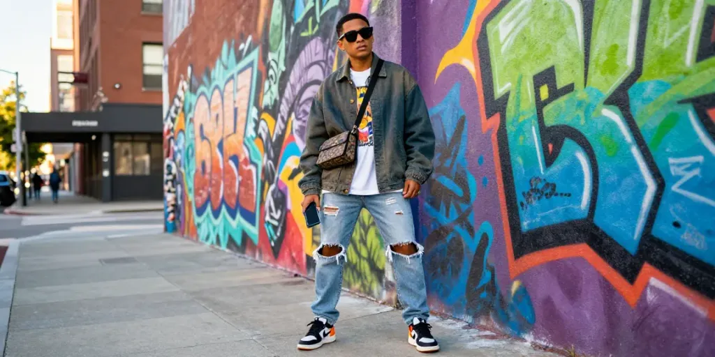 Celebritygiant fashion style captured in an urban setting, showcasing trendy outfit and vibrant graffiti.