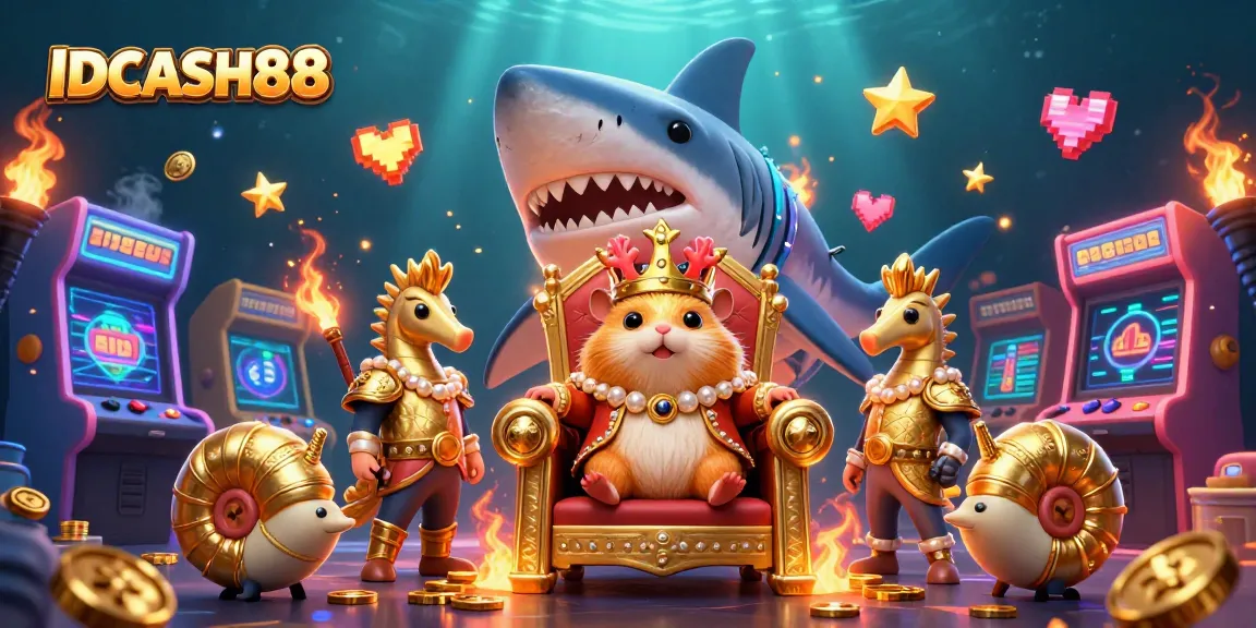 Experience the excitement of IDCASH88 with vibrant game elements, a golden hamster king, and royal seahorse guards.