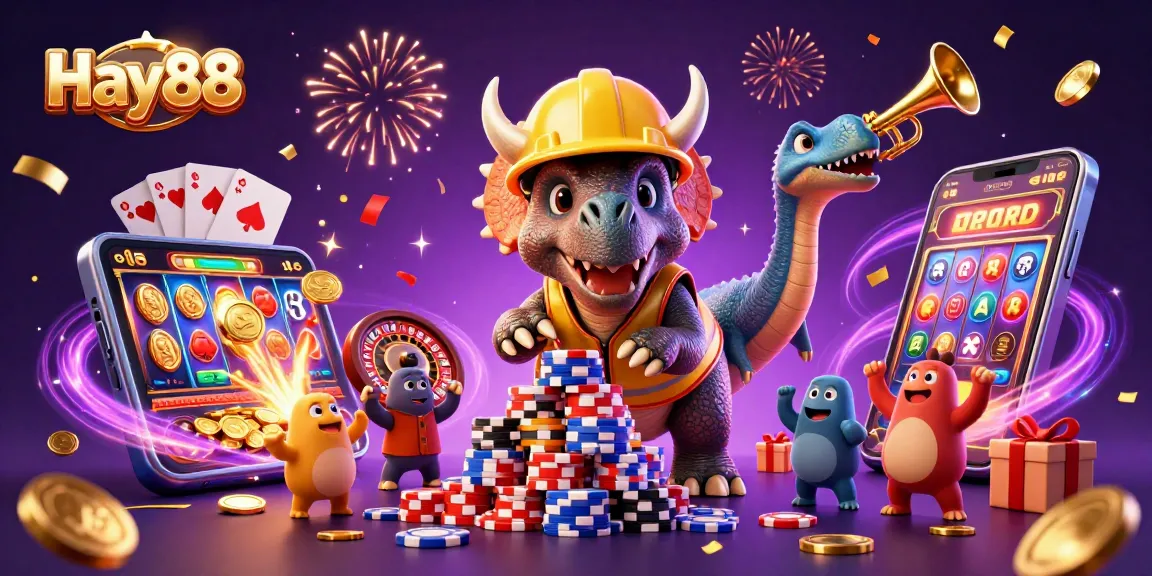 Experience the excitement at Hay88 as characters celebrate with poker chips, spinning slot reels, and festive elements.