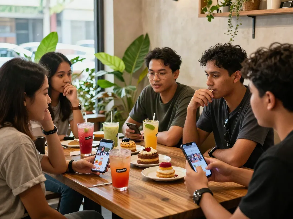 Friends enjoying rokok88 discussions over coffee in a trendy café setting