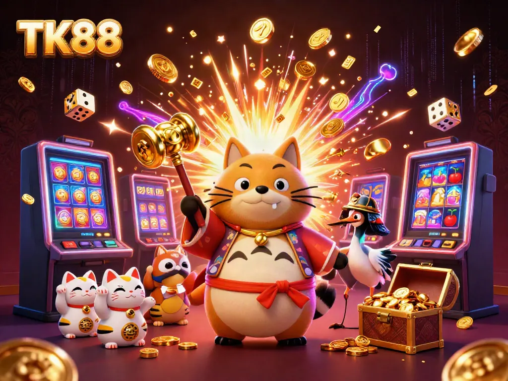 Engage with the dynamic world of TK88 as a cheerful tanuki celebrates a jackpot.