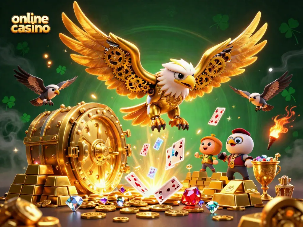 Juega en el casino online con una águila cibernética dorada inmersa en cartas holográficas y tesoros.