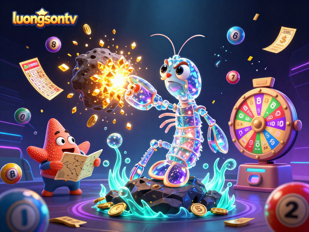 Experience thrilling gameplay with luongsontv showcasing vibrant lottery elements and a cartoon shrimp hero.