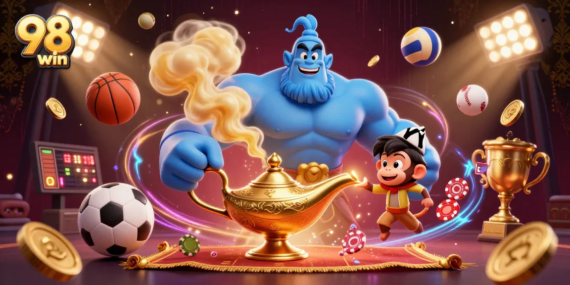 Win exciting rewards with 98 win in this vibrant 3D casino scene showcasing dynamic sports elements and magical characters.