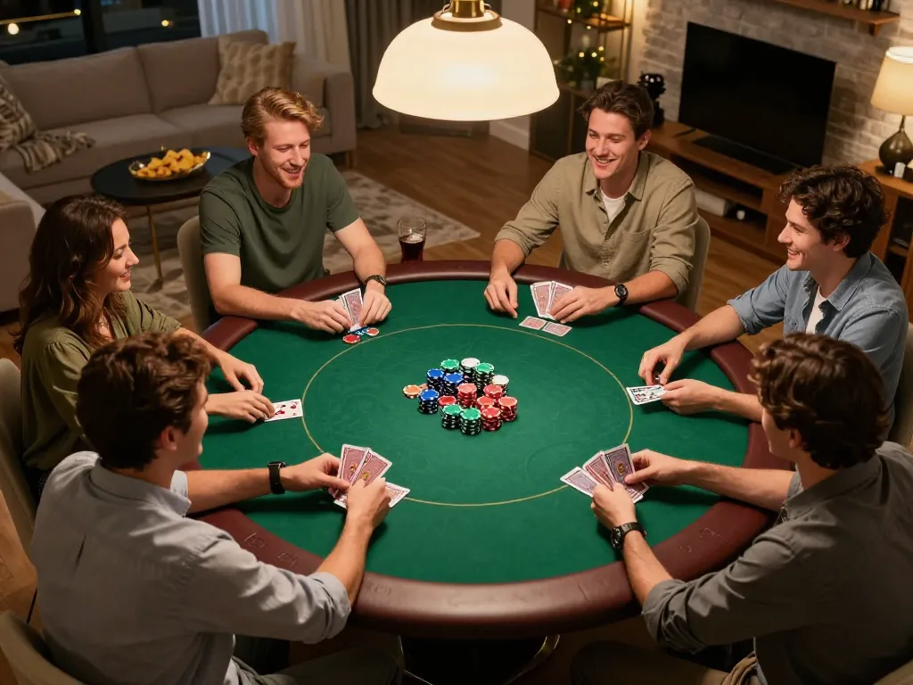 Friends engaged in an exciting home poker game, showcasing a vibrant setting with F8bet-themed chips and cards.