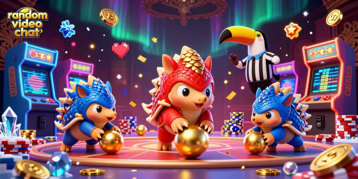 Engage in random video chat with vibrant pangolin rivals in a casino-themed dynamic scene.