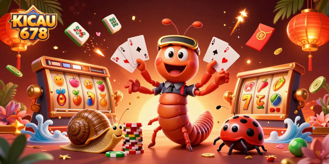 KICAU678 showcases a lively casino scene with a cartoon millipede dealer and intricate game elements.