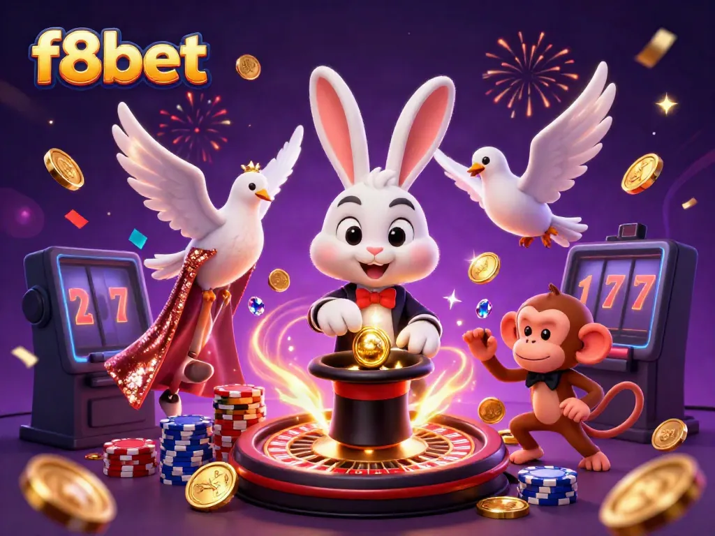 Celebrate wins at f8bet with a 3D magician rabbit, coins, and casino elements.