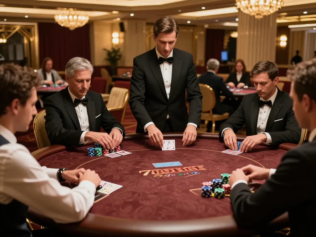 Players engaged in a high-stakes poker game at an elegant 789bet casino VIP area.