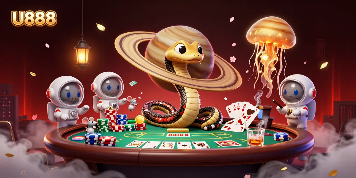 U888 interactive illustration of betting with cartoon characters in a lively cosmic casino setup.