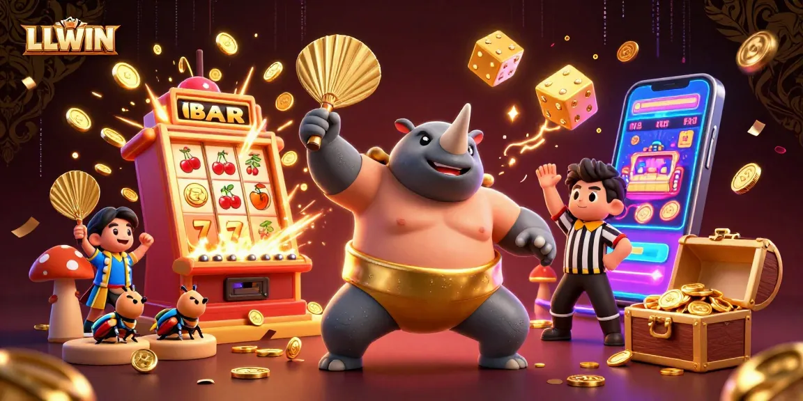 Experience LLWIN casino magic as a sumo champion beetle sends coins flying in this vibrant scene!