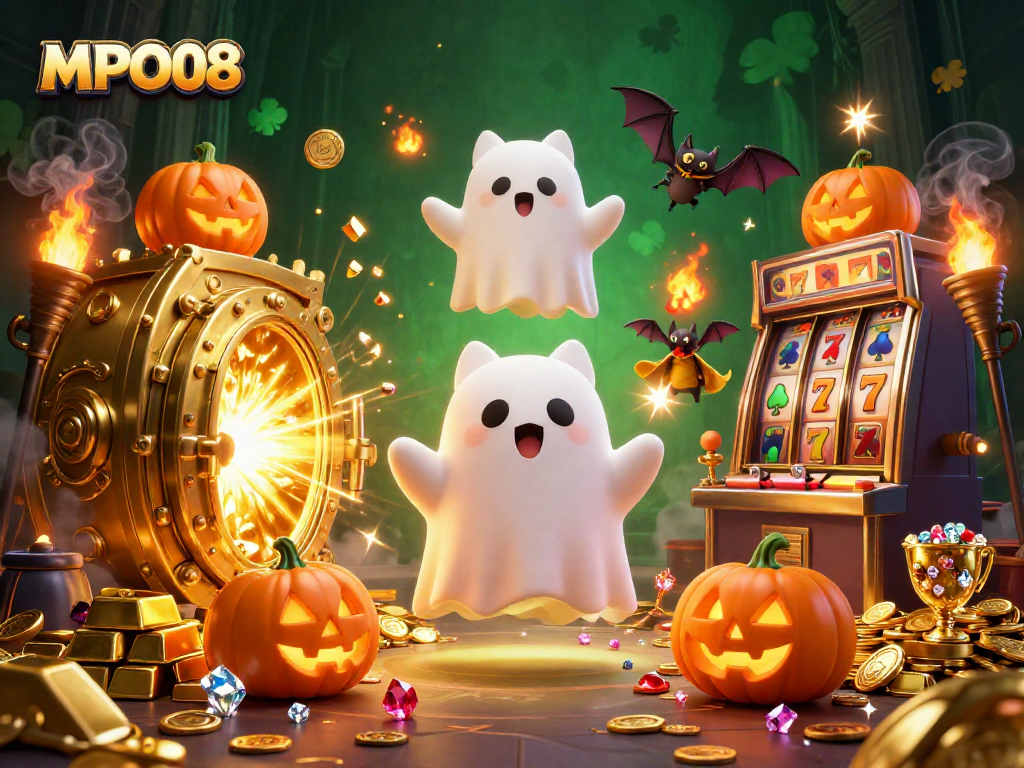 MPO08 delivers thrilling slot experiences with a friendly ghost cat and vampire bat in a vibrant casino.