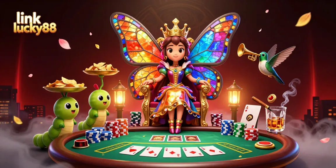 Experience thrilling gameplay with link lucky88 at an exciting poker scene featuring a butterfly queen and vibrant casino elements.