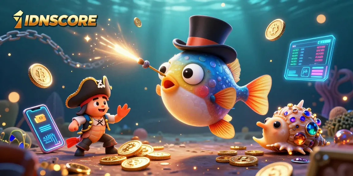 IDNSCORE showcases vibrant underwater casino adventure with glowing coins and playful sea characters.
