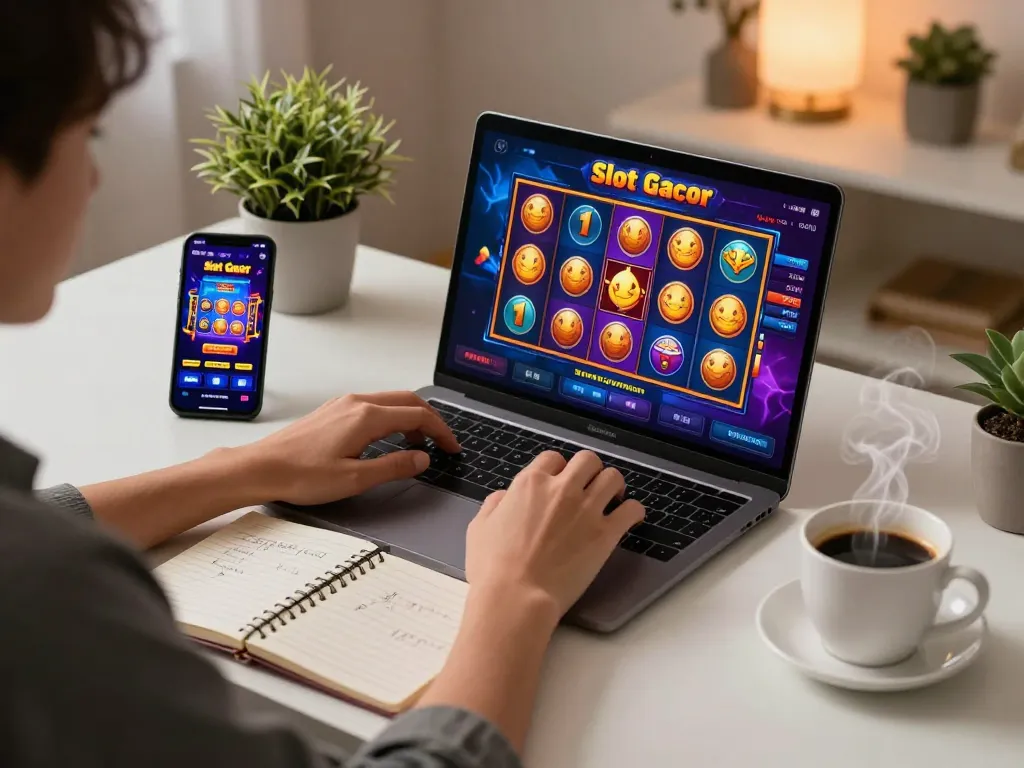 Engaging gameplay on laptop showing Slot Gacor experience with cozy home atmosphere.