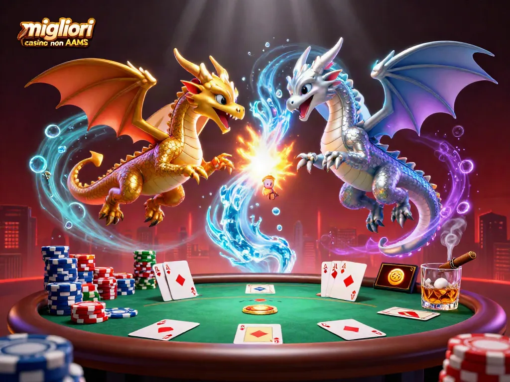 Scopri i migliori casino non AAMS con un'illustrazione accattivante di draghi e elementi di poker.