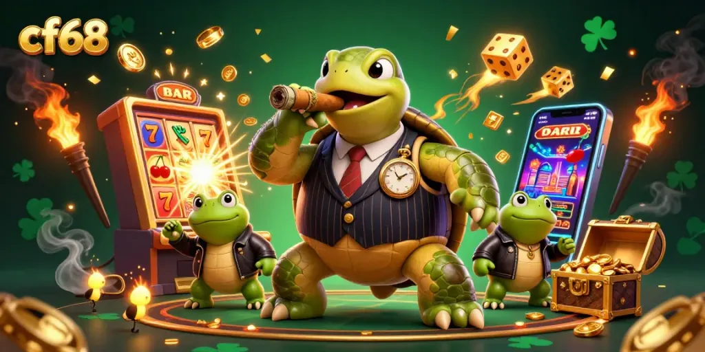 Engage with cf68's thrilling casino scene featuring a snapping turtle, bullfrogs, and exciting games.