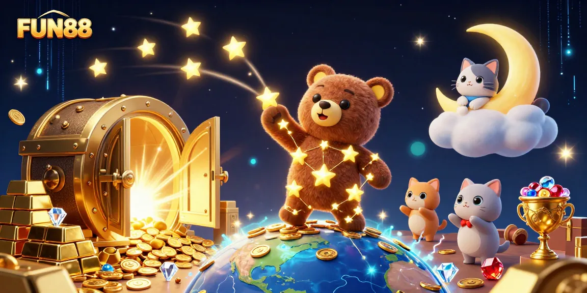 Experience the thrill of FUN88 with a cosmic gambling adventure featuring starry characters and gold.