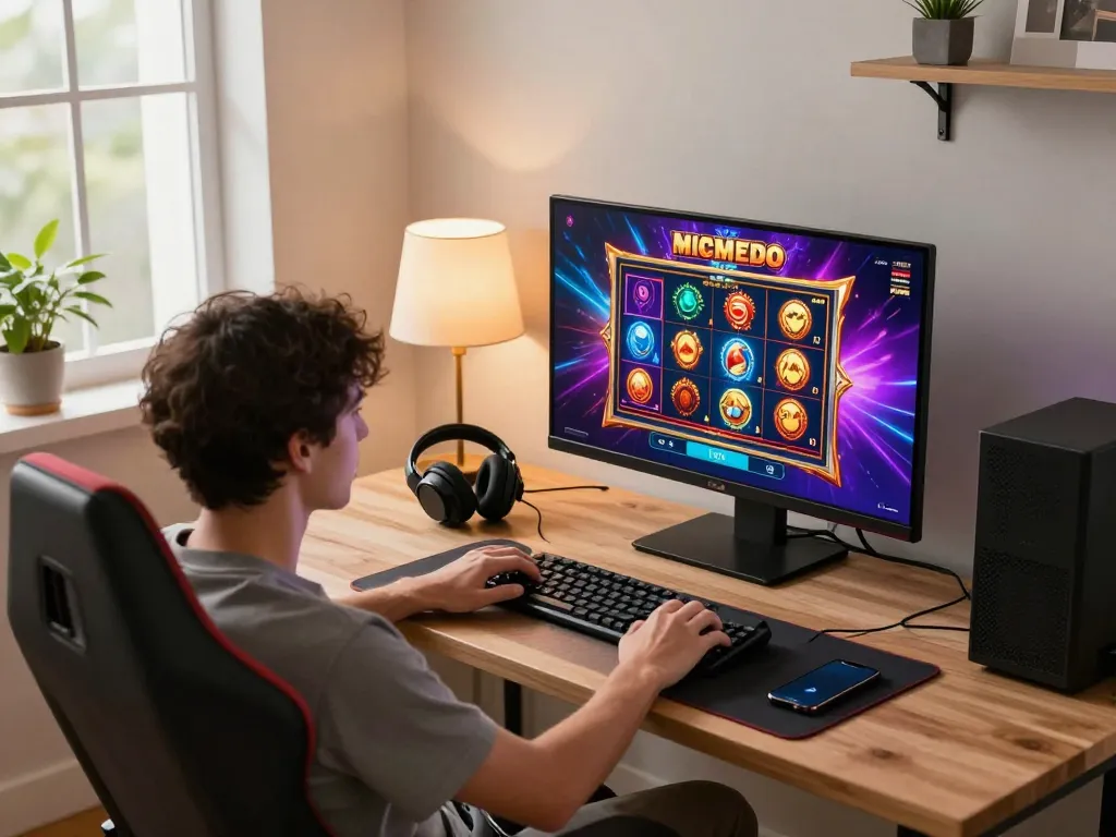Playing a Slot Demo game on a sleek desktop setup in a cozy home environment.