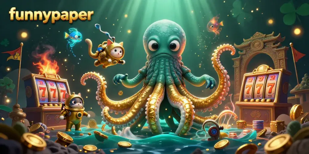 Engage with funnypaper's immersive 3D casino scene featuring a golden-tentacled kraken and vibrant gameplay elements.