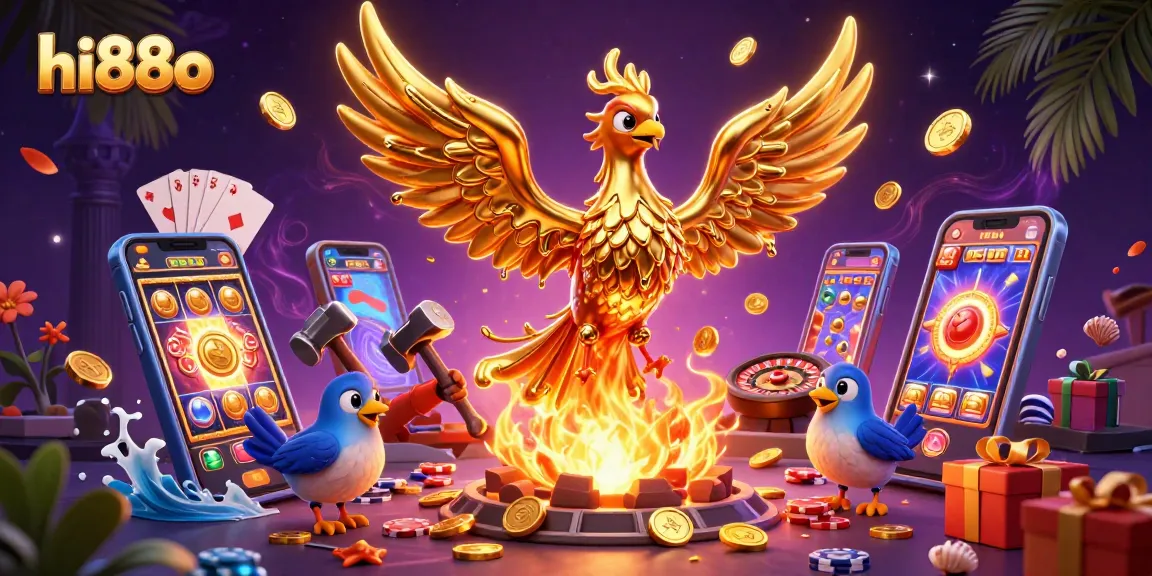 Engage in thrilling games at hi88o with a molten phoenix and exciting casino elements.