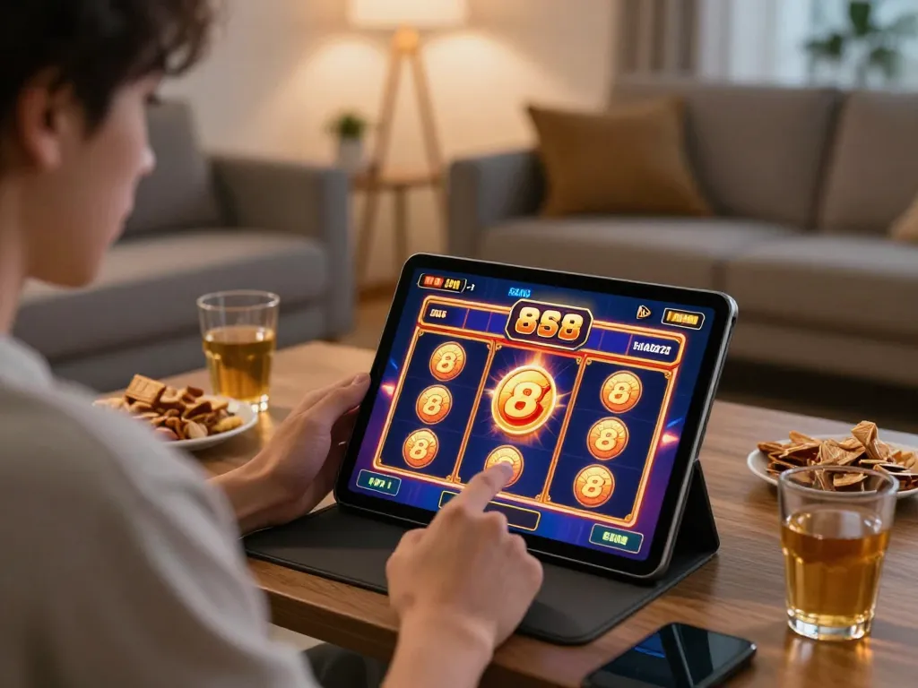 Engaging in slot88 online gaming while celebrating a win in a cozy living room setup.