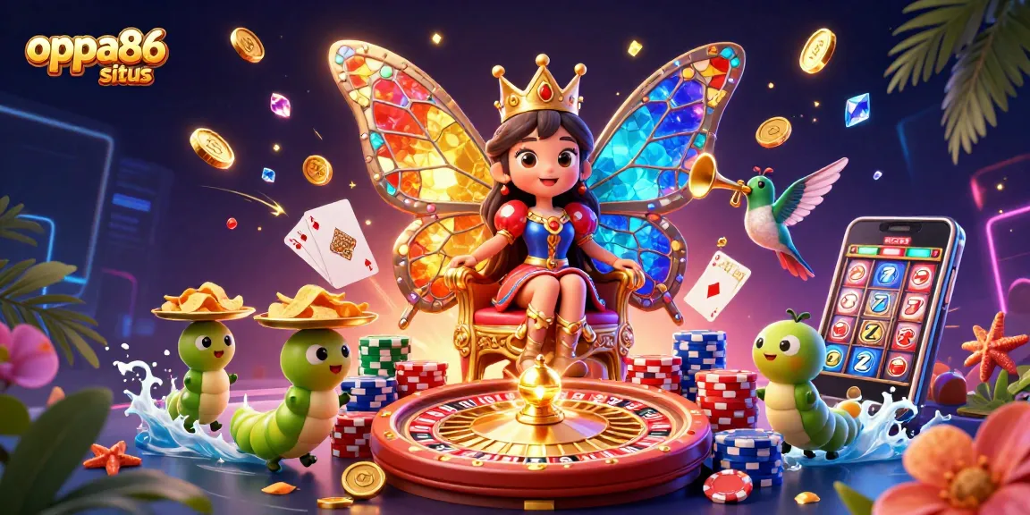 Experience exhilarating wins at oppa86 situs with vibrant casino-themed 3D illustration showcasing dynamic gameplay.
