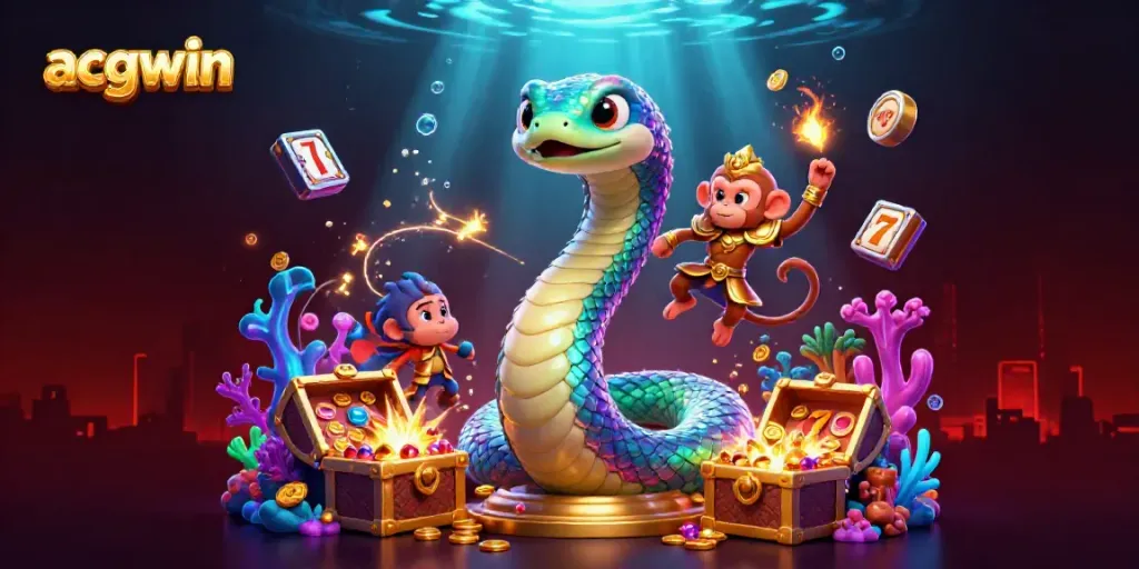 Experience excitement with acgwin in a vibrant 3D casino scene featuring treasures and playful characters.