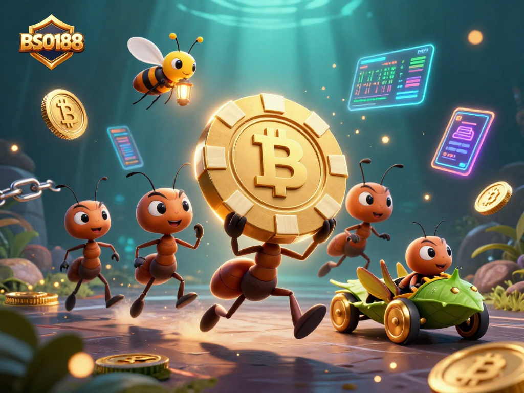 Engage with BSO188 to join a thrilling heist featuring playful ants amidst glowing crypto coins.
