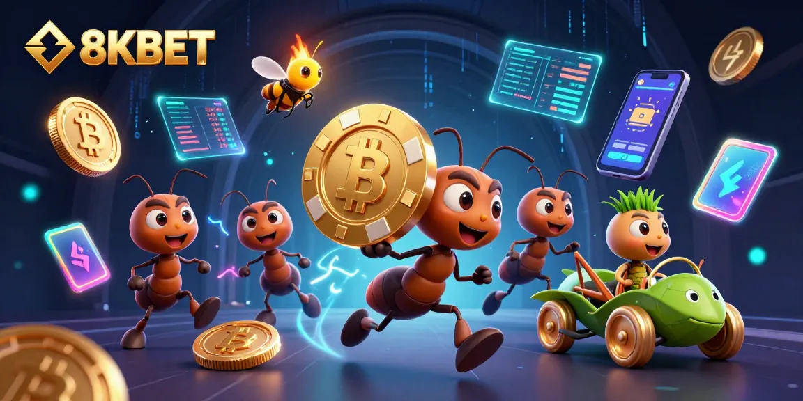 8KBET features a dynamic heist scene with ants and cryptocurrency elements for an engaging gaming experience.