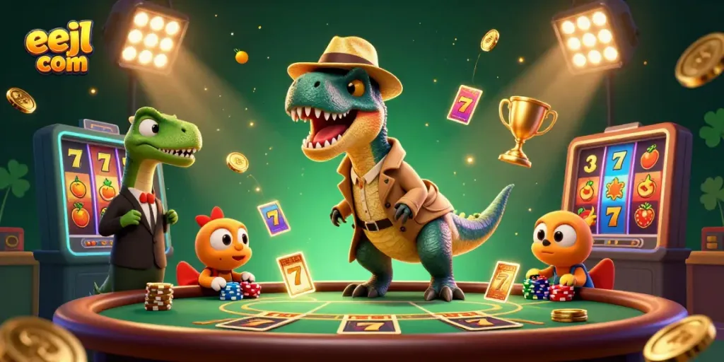 Watch an eager velociraptor at eejl com blackjack table amidst vibrant casino elements.