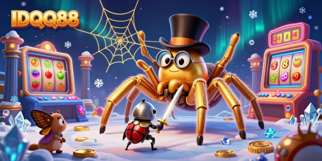 Engage with IDQQ88's vibrant casino scene featuring a giant golden tarantula and beetle knight surrounded by colorful slot machine elements.