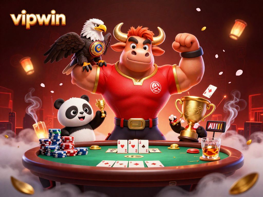 Experience the excitement of vipwin with a dynamic 3D illustration featuring casino games and animated characters.
