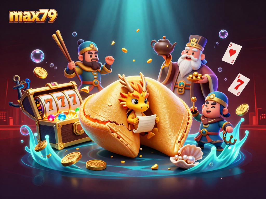 Experience the excitement at max79 with a dynamic 3D casino scene featuring golden fortune cookie and lively characters.