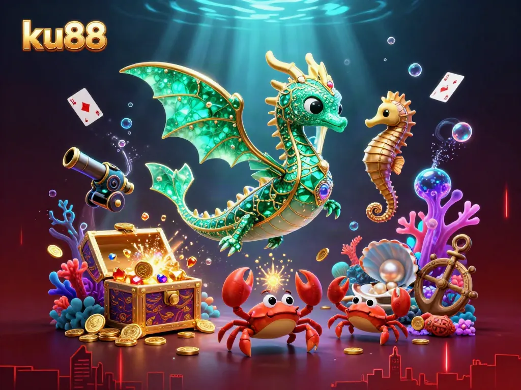 Experience exciting casino adventures with ku88's emerald sea dragon guarding treasure in a vibrant underwater scene.