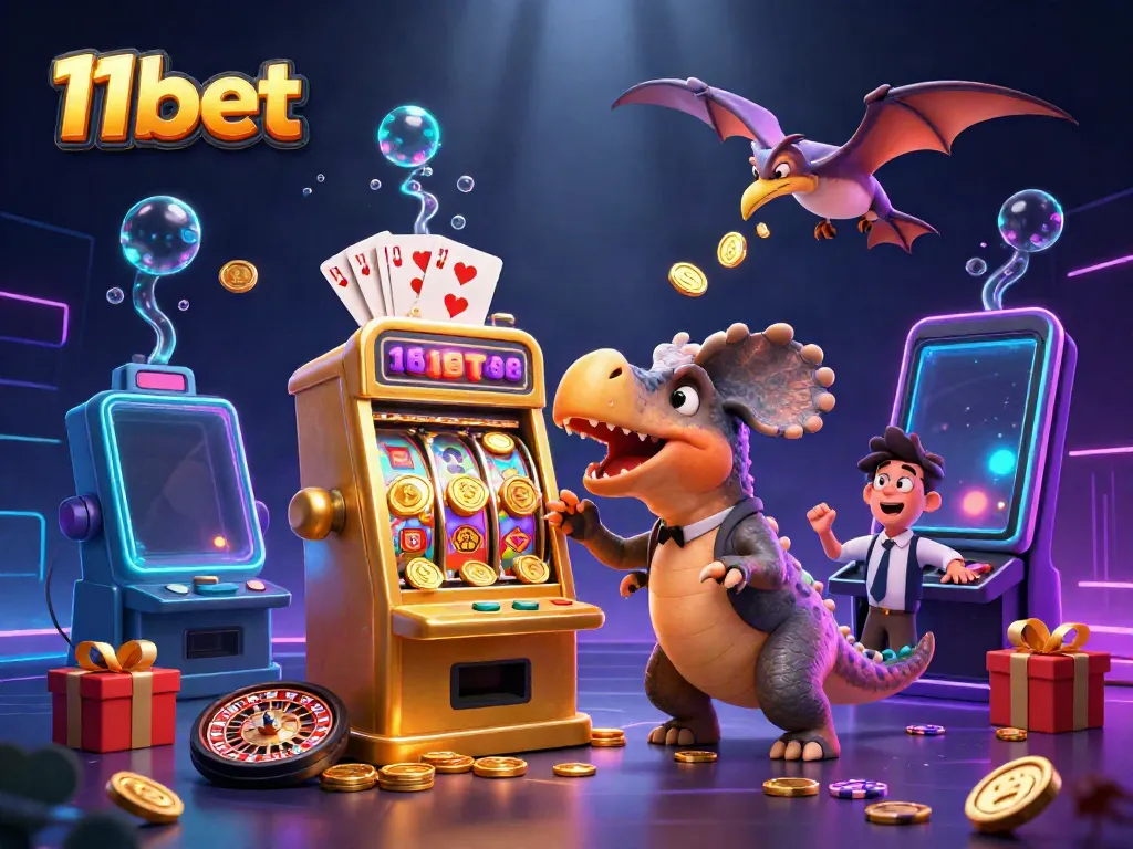Experience the excitement at 11bet with a cartoon dinosaur celebrating a jackpot win surrounded by vibrant casino elements.