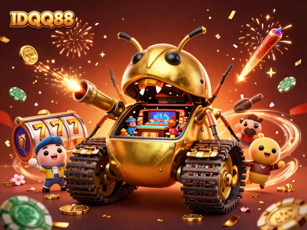Experience thrilling gameplay with IDQQ88 in a vibrant 3D casino illustration packed with excitement.