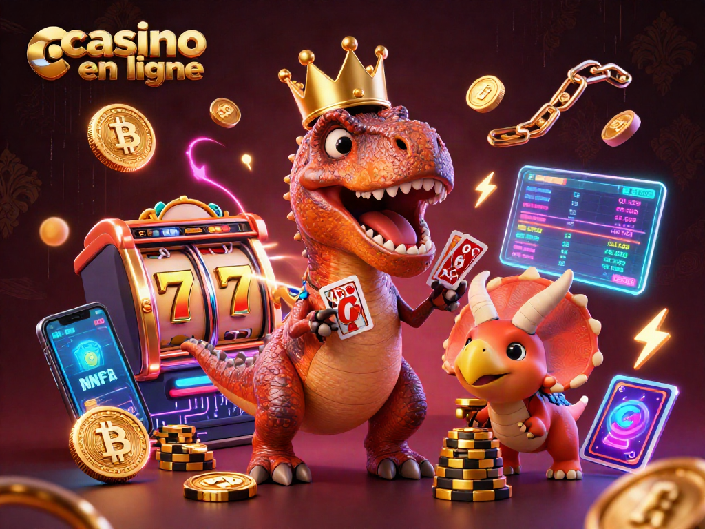 Jouez au casino en ligne avec un T-Rex, un ptérodactyle et un tricératops entourés de machines à sous et d'éléments crypto.