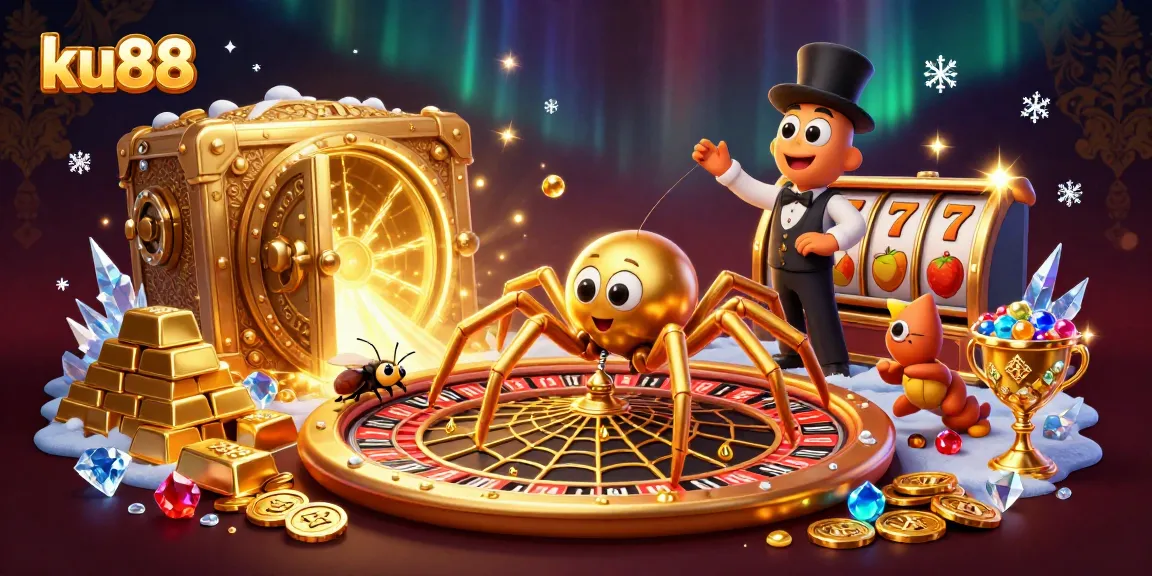ku88 showcases a vibrant 3D casino scene with a golden spider spinning a roulette wheel web.