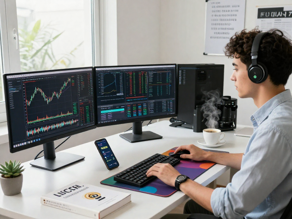 La escena de un trabajador en Immediate Edge analizando gráficos de criptomonedas en un moderno espacio de trabajo.
