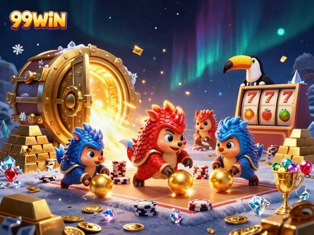 Play and win big with 99WIN in a dynamic cartoon casino scene filled with gold and excitement.