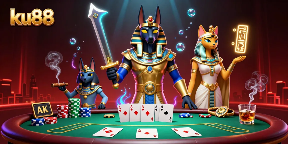 Engage in poker action at ku88 with Anubis and Bastet amidst colorful chips and cards.