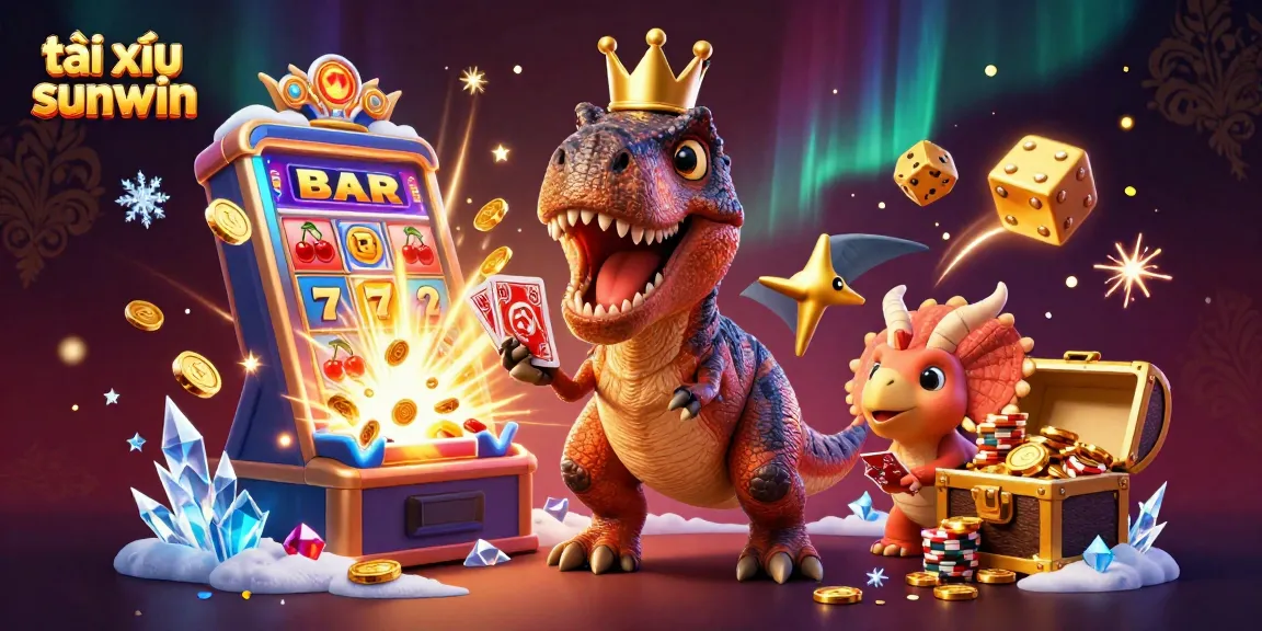 Tài xỉu sunwin-themed dynamic 3D illustration showcasing a T-Rex, pterodactyl, and triceratops in a casino setting.
